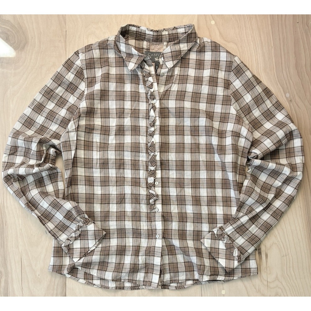 Cotelac Plaid Romantic Ruffle Top Blouse Button Up Country Chic Lightweight S
